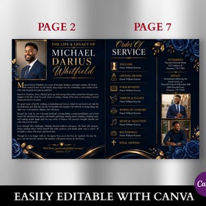 May include: A funeral program template featuring a dark blue background with gold accents and deep blue roses. The design includes text for The Life & Legacy of Michael Darius Whitfield, an order of service, and three photographs of a man in a suit.