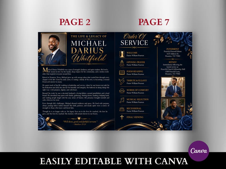 May include: A funeral program template featuring a dark blue background with gold accents and deep blue roses. The design includes text for The Life & Legacy of Michael Darius Whitfield, an order of service, and three photographs of a man in a suit.