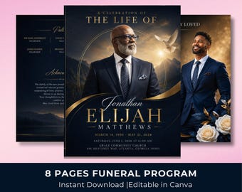 Navy Blue Funeral Program Template | 8-Page Memorial Booklet (Canva Download) | Obituary Template | Memorial Service Booklet