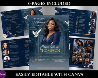 Blue Roses  Funeral Program Template | 8-Page Memorial Booklet (Canva Download) | Obituary Template