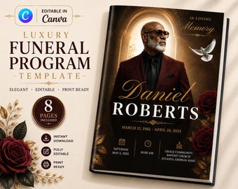 Red Elegant Funeral Program Template | Canva Obituary Template |  8 Page Memorial Booklet | Celebration of Life