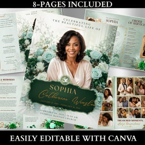 Green  and Gold Funeral Program Template | 8-Page Memorial Booklet (Canva Download) | Obituary Template