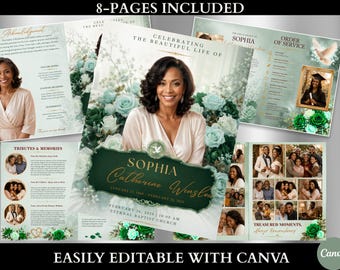 Green  and Gold Funeral Program Template | 8-Page Memorial Booklet (Canva Download) | Obituary Template