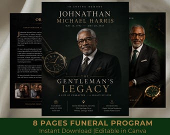 Gentleman Legacy   Funeral Program Template | 8-Page Memorial Booklet (Canva Download) | Obituary Template | Memorial Service Booklet