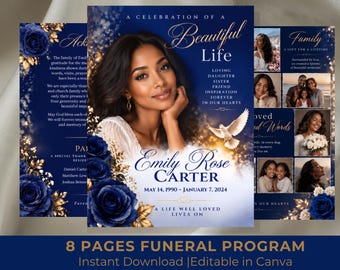 Blue Roses Funeral Program Template | 8-Page Memorial Booklet (Canva Download) | Obituary Template | Memorial Service Booklet