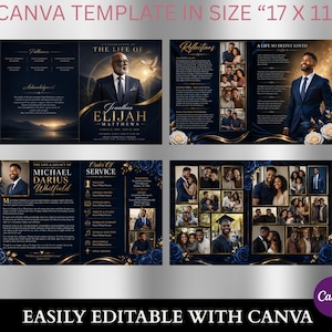Navy Blue Funeral Program Template | 8-Page Memorial Booklet (Canva Download) | Obituary Template | Memorial Service Booklet image 2