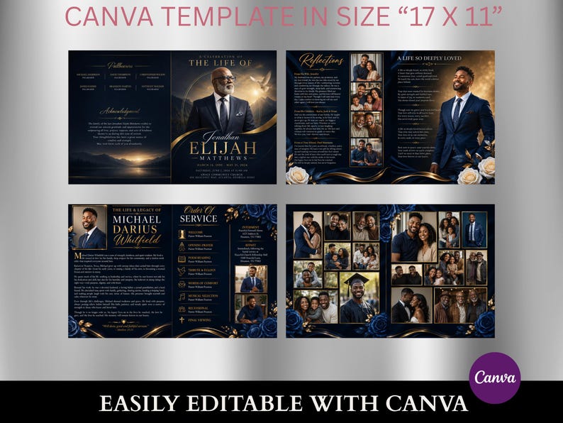 Navy Blue Funeral Program Template | 8-Page Memorial Booklet (Canva Download) | Obituary Template | Memorial Service Booklet image 2