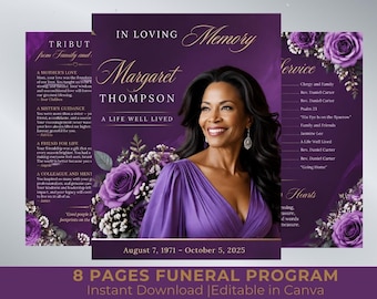 Purple RosesFuneral Program Template | 8-Page Memorial Booklet (Canva Download) | Obituary Template | Memorial Service Booklet