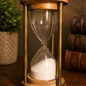 Puede incluir: Un reloj de arena con un bulbo de vidrio transparente lleno de arena blanca, sostenido por un marco de cuatro varillas metálicas verticales en tono latón. Las tapas superior e inferior son de madera natural pulida con veta visible.
