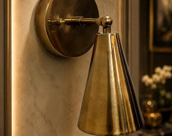 Antique Brass Wall Sconce, Mid-Century Modern Lighting Fixture, Adjustable Arm, Tapered Shade