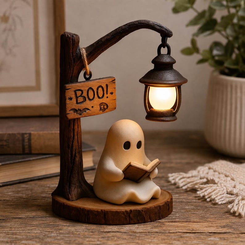 May include: A decorative figurine featuring a small, smooth, cream-coloured ghost sitting on a circular wooden base, reading a book. A dark brown tree-like post holds a hanging lantern with a warm light and a wooden sign that says BOO!.