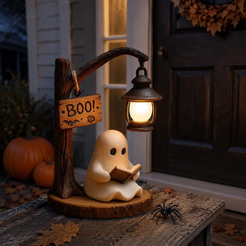 May include: A decorative figurine featuring a small, smooth, cream-coloured ghost sitting on a circular wooden base, reading a book. A brown, textured post holds a hanging lantern with a warm light and a wooden sign with the text BOO!.