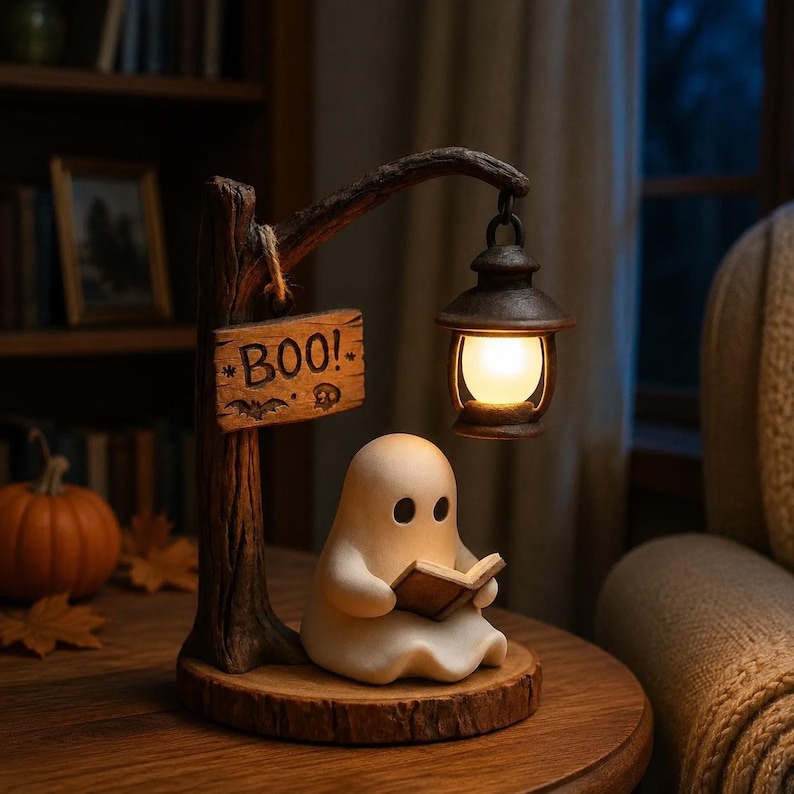 May include: A decorative lamp featuring a white ghost figurine reading a book, positioned under a dark brown tree-shaped post. A hanging lantern illuminates the ghost, and a wooden sign hanging from the post displays the text BOO! with small bat and skull icons.
