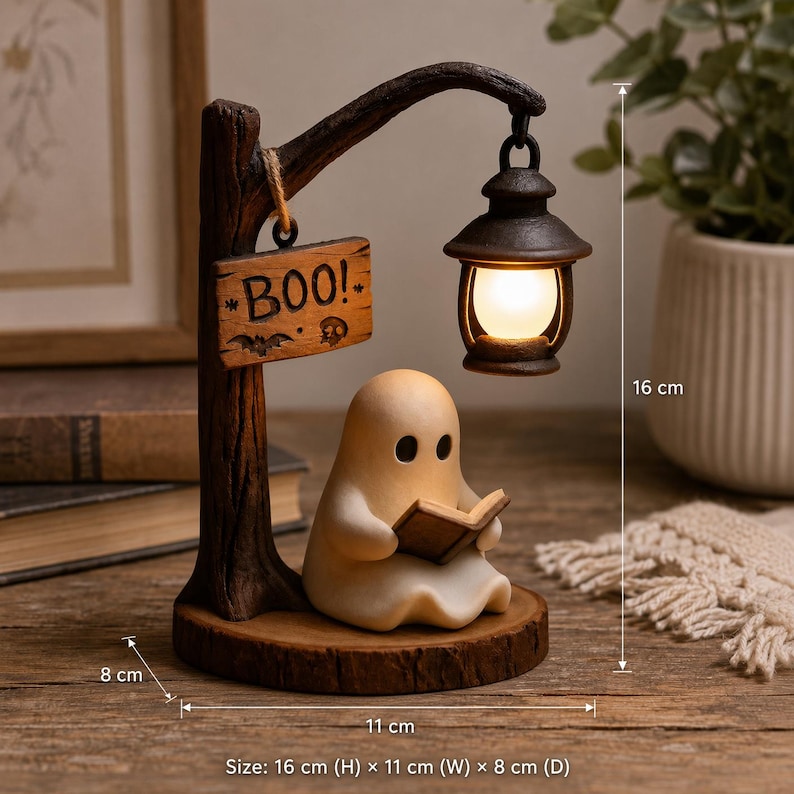 May include: A decorative lamp featuring a small, smooth, cream-coloured ghost figure reading a book. The ghost sits on a wood-textured base beneath a tree-like post holding a hanging lantern and a sign that reads "BOO!". Dimensions are 16 cm H x 11 cm W x 8 cm D.