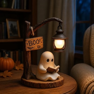May include: A decorative lamp featuring a white ghost figurine reading a book, positioned under a dark brown tree-shaped post. A hanging lantern illuminates the ghost, and a wooden sign hanging from the post displays the text BOO! with small bat and skull icons.