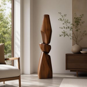 Può includere: Una scultura verticale alta composta da tre segmenti di legno levigato impilati. Ogni segmento presenta una venatura del legno marrone scuro liscia con superfici geometriche sfaccettate che si restringono per creare una forma astratta equilibrata.