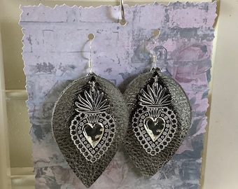 Leather Teardrop Earrings with Flaming Holy Heart Charm