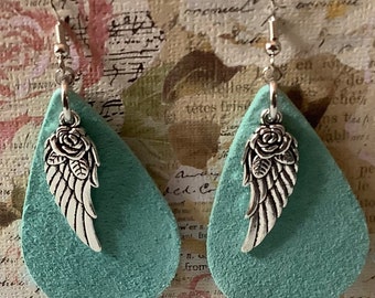 Leather Teardrop Earring with Angel Wing Charm