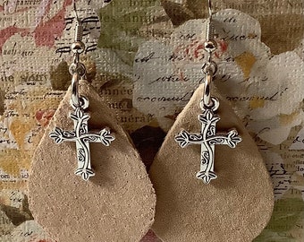 Leather Teardrop Earrings with Cross Charm