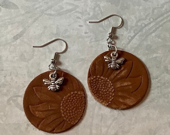 Leather Drop Earrings with Bee Charms