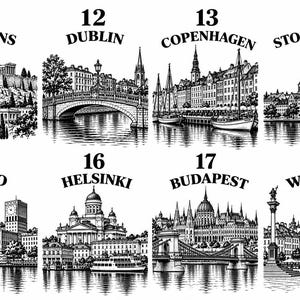 May include: A black and white graphic print featuring eight numbered city illustrations labeled Athens, Dublin, Copenhagen, Stockholm, Oslo, Helsinki, Budapest, and Warsaw. Each section depicts detailed architectural landmarks and urban scenery.