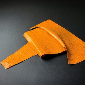May include: A bright orange piece of textured leather with a distinct embossed crocodile skin pattern. The material is folded over itself, showcasing the glossy finish and the repeating scale-like texture. The text Zaragoza Tannery is visible.