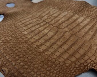 Real Brown Alligator Back Cut Nubuck Leather Hide | Soft Matte Exotic Skin | Premium Leather for Wallets, Bags & Luxury Craft Projects