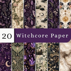 May include: A collection of 20 digital paper sheets featuring diverse patterns including purple crystals, moths, botanical elements, celestial sun and moon motifs, zen garden stones, lanterns, and architectural arches with the text 20 Witchcore Paper.