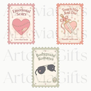 May include: Three rectangular postage stamp designs featuring pastel illustrations. The first shows a stitched pink heart with a bandage and text Emotional Scars Love that heals. The second features a dagger through a heart with text Touch Her And Die Handle with care. The third shows aviator sunglasses with text Bodyguard Romance Protected at all costs.