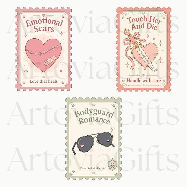 May include: Three rectangular postage stamp designs featuring pastel illustrations. The first shows a stitched pink heart with a bandage and text Emotional Scars Love that heals. The second features a dagger through a heart with text Touch Her And Die Handle with care. The third shows aviator sunglasses with text Bodyguard Romance Protected at all costs.