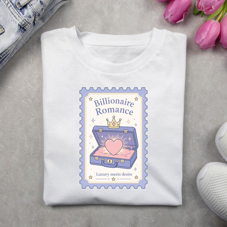 May include: A white t-shirt featuring a graphic design shaped like a postage stamp. The design shows an open purple suitcase containing a glowing pink heart and a gold crown, with the text Billionaire Romance and Luxury meets desire.