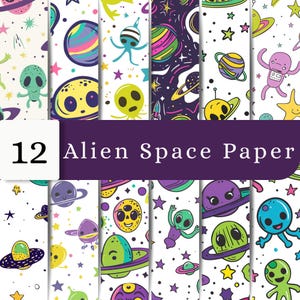 May include: A digital collection of 12 sheets of patterned paper featuring colorful cartoon aliens, planets, stars, and spaceships on white and dark purple backgrounds. The text 12 Alien Space Paper is displayed in a white and purple banner.