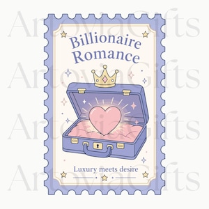May include: A rectangular postage stamp graphic featuring a light purple border and a cream center. The text reads Billionaire Romance and Luxury meets desire. A purple briefcase with a gold crown and a glowing pink heart is centered in the design.
