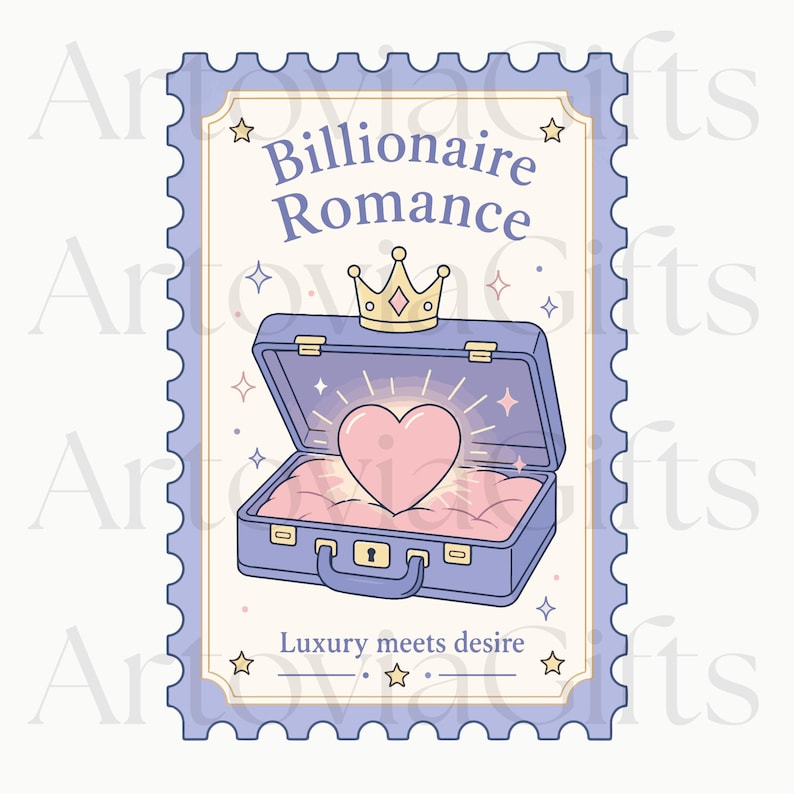 May include: A rectangular postage stamp graphic featuring a light purple border and a cream center. The text reads Billionaire Romance and Luxury meets desire. A purple briefcase with a gold crown and a glowing pink heart is centered in the design.