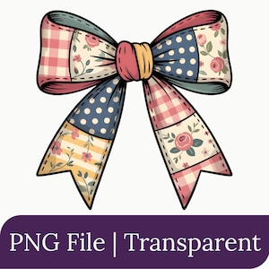 May include: A decorative bow featuring a patchwork design with various patterns including pink and white gingham, blue with white polka dots, and floral prints with roses on cream backgrounds. The center knot is solid pink and yellow.