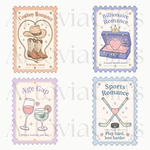 May include: Four rectangular postage stamp designs featuring illustrations and text. Top left: Cowboy Romance with hat, boots, and lasso. Top right: Billionaire Romance with crown, suitcase, and heart. Bottom left: Age Gap with two glasses. Bottom right: Sports Romance with hockey sticks.