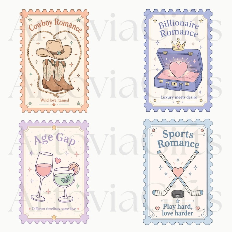 May include: Four rectangular postage stamp designs featuring illustrations and text. Top left: Cowboy Romance with hat, boots, and lasso. Top right: Billionaire Romance with crown, suitcase, and heart. Bottom left: Age Gap with two glasses. Bottom right: Sports Romance with hockey sticks.