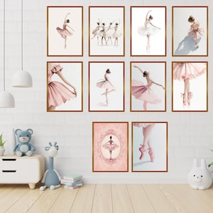 Afdrukbare set balletkunst aan de muur | Roze ballerina kinderkamerdecoratie | Prints voor meisjesdanskamer downloaden