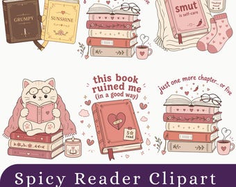 Spicy Bookish PNG Bundle | Romance Reader Clipart | Reading Lover Graphics Digital Download