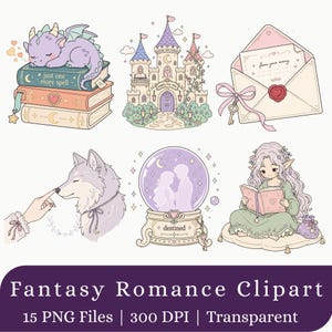 Può includere: Una collezione di sei illustrazioni digitali con un drago viola su libri, un castello, una busta con sigillo di ceralacca e chiave, un lupo, una sfera di cristallo con una coppia e un elfo che legge, con il testo Fantasy Romance Clipart.