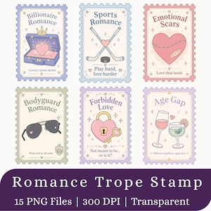 May include: A set of six rectangular postage stamp designs featuring illustrations and text. The stamps depict a suitcase with a heart, hockey sticks, a stitched heart, sunglasses, a heart-shaped padlock with a key, and two cocktail glasses.