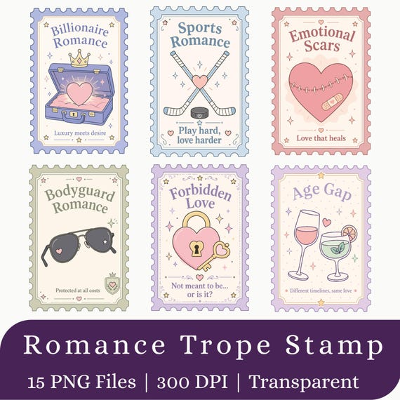 Romance Trope Clipart Set | Bookish Stamp PNG Bundle | Reader Graphics Digital Download