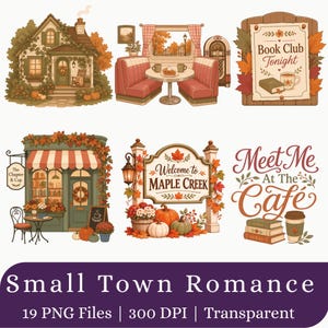 Small Town Romance Clipart Bundle | Cozy Autumn Bookish PNG | Reader Graphics Download
