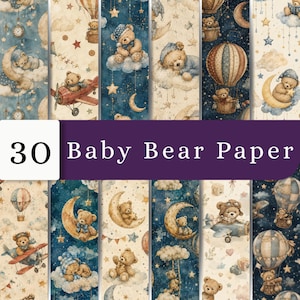 Pode incluir: Uma coleção de 30 folhas de papel digital com ilustrações em aquarela de ursinhos de pelúcia com toucas de dormir, balões de ar quente, aviões, luas crescentes e estrelas em fundos creme e azul escuro com o texto 30 Baby Bear Paper.