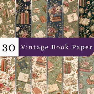 Op de afbeelding: Een collectie van 30 digitale papieren met vintage boekpatronen, bloemstukken, open boeken en antieke globes in gedempte groene, crème en donkere tinten. De tekst 30 Vintage Book Paper wordt in het wit weergegeven op een paarse banner.