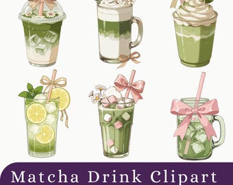 Matcha PNG Bundle | Green Tea Drink Clipart | Cafe Beverage Graphics | Sublimation Design Download