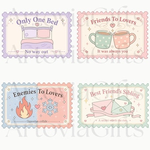 May include: Four rectangular postage stamp designs with scalloped edges. The first shows a bed with the text Only One Bed and No way out. The second shows two mugs with Friends To Lovers and It was always you. The third shows a flame and snowflake with Enemies To Lovers and Opposites collide. The fourth shows two envelopes with Best Friend's Sibling and A secret worth the risk.