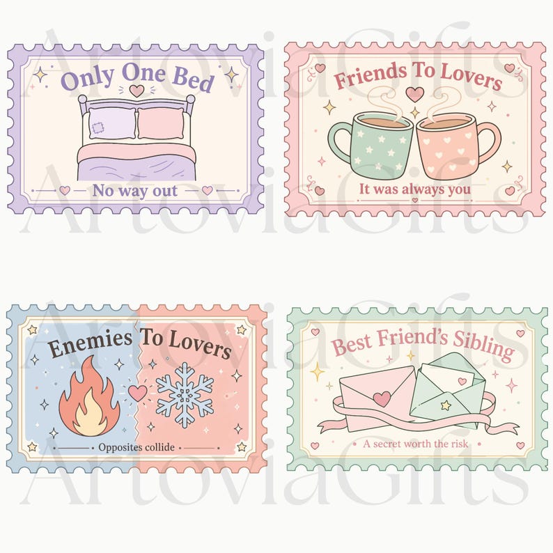 May include: Four rectangular postage stamp designs with scalloped edges. The first shows a bed with the text Only One Bed and No way out. The second shows two mugs with Friends To Lovers and It was always you. The third shows a flame and snowflake with Enemies To Lovers and Opposites collide. The fourth shows two envelopes with Best Friend's Sibling and A secret worth the risk.