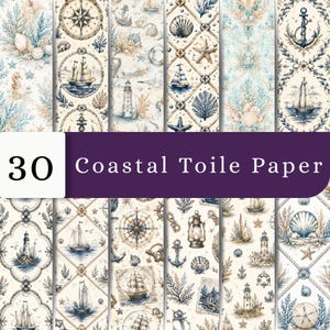 Puede incluir: Una colección de 30 papeles digitales con patrones de toile costero en azul y beige. Los diseños incluyen ilustraciones de faros, veleros, anclas, brújulas, conchas, estrellas de mar y corales dispuestos en varios diseños de cuadrícula.