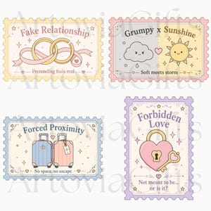 May include: Four rectangular postage stamp designs featuring pastel illustrations and text. One shows gold rings with 'Fake Relationship', another a cloud and sun with 'Grumpy x Sunshine', one two suitcases with 'Forced Proximity', and one a heart lock with 'Forbidden Love'.